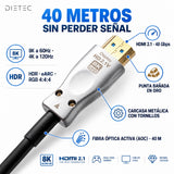 Especificaciones cable HDMI 2.1 fibra óptica DIETEC 40 m: 48 Gbps, 8K 60Hz, 4K 120Hz, HDR, eARC