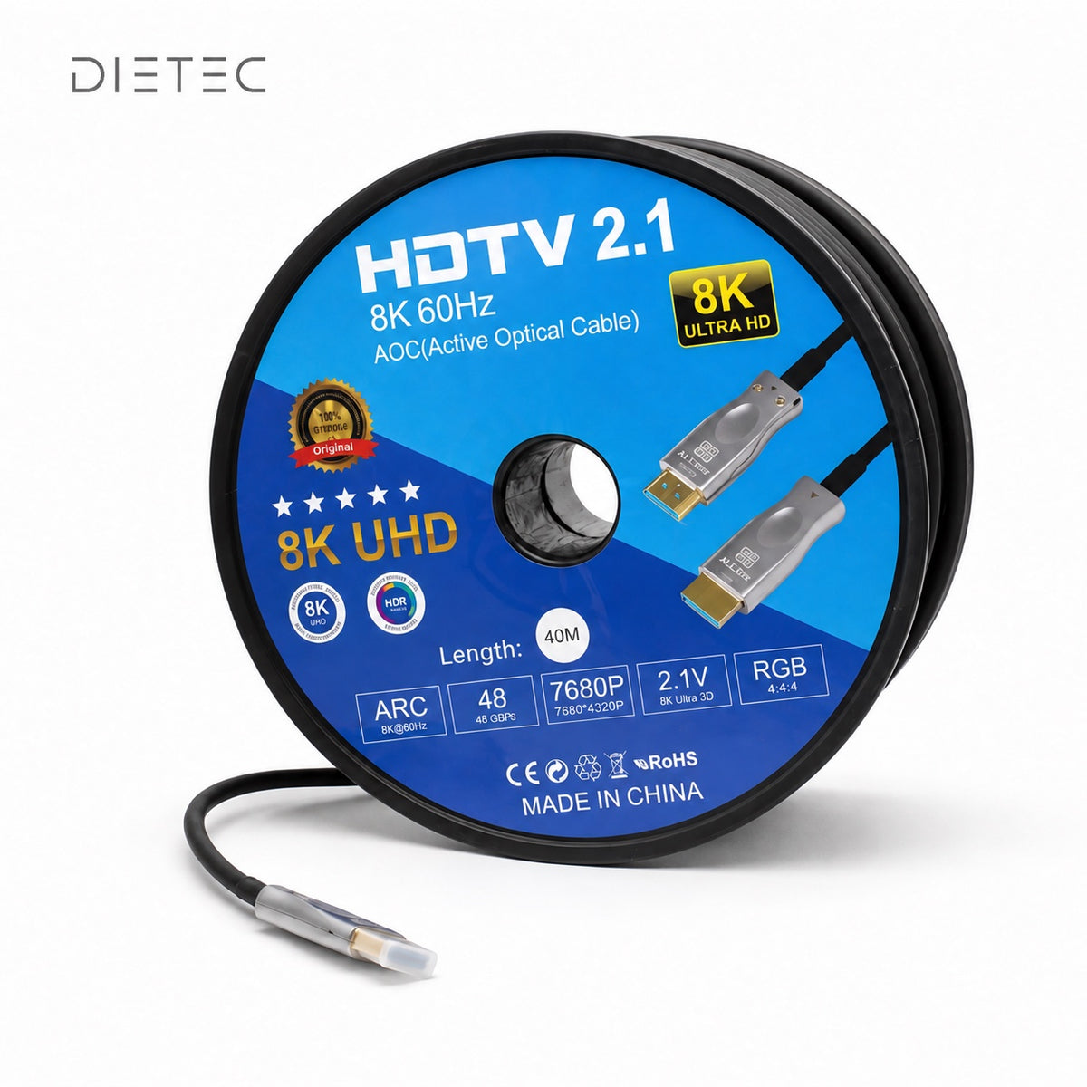 Carrete del cable HDMI 2.1 AOC de fibra óptica de 40 metros DIETEC