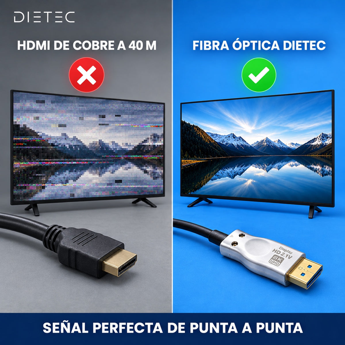 HDMI de cobre a 40 m con interferencia vs cable de fibra óptica DIETEC con imagen nítida