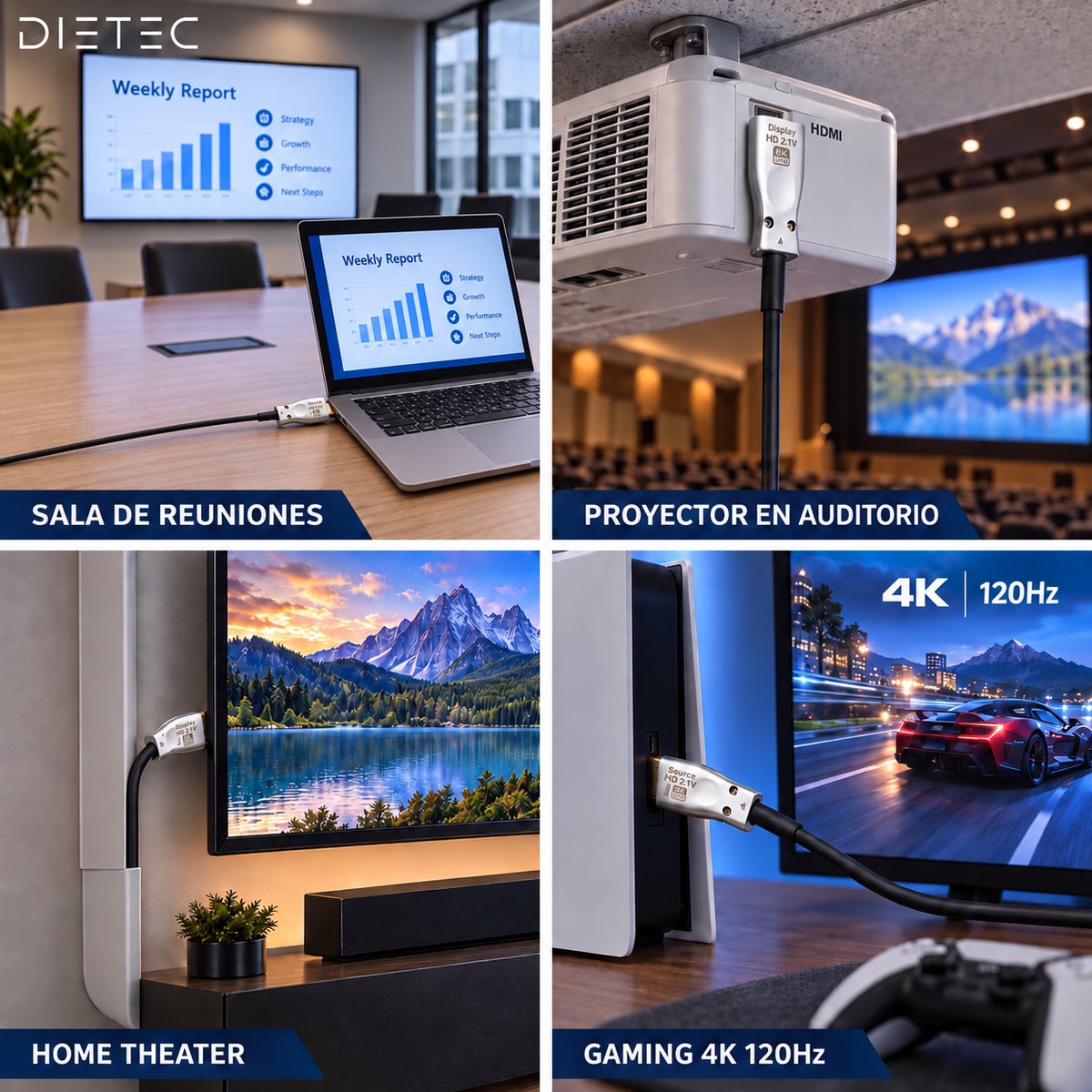 Cable HDMI de fibra DIETEC en sala de reuniones, proyector de auditorio, home theater y gaming 4K 120Hz