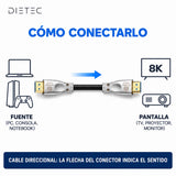 Cómo conectar el cable HDMI de fibra DIETEC: de la fuente a la pantalla según la flecha