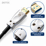 Detalle del conector DIETEC: contactos bañados en oro, carcasa metálica y flecha de dirección