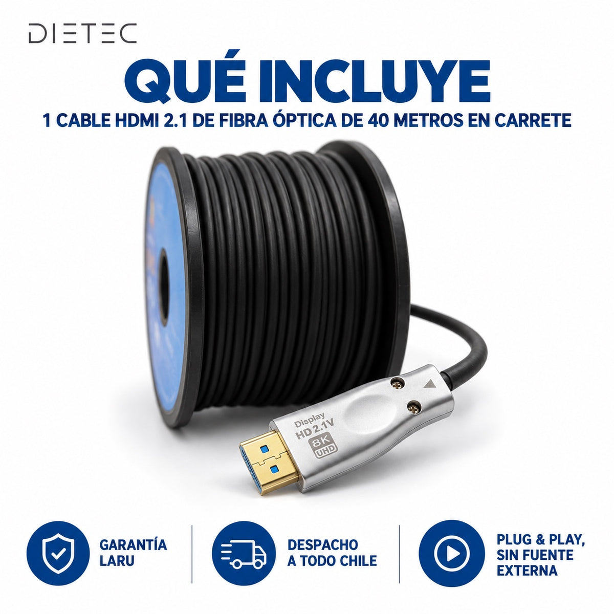 Qué incluye: 1 cable HDMI 2.1 de fibra óptica de 40 metros en carrete DIETEC