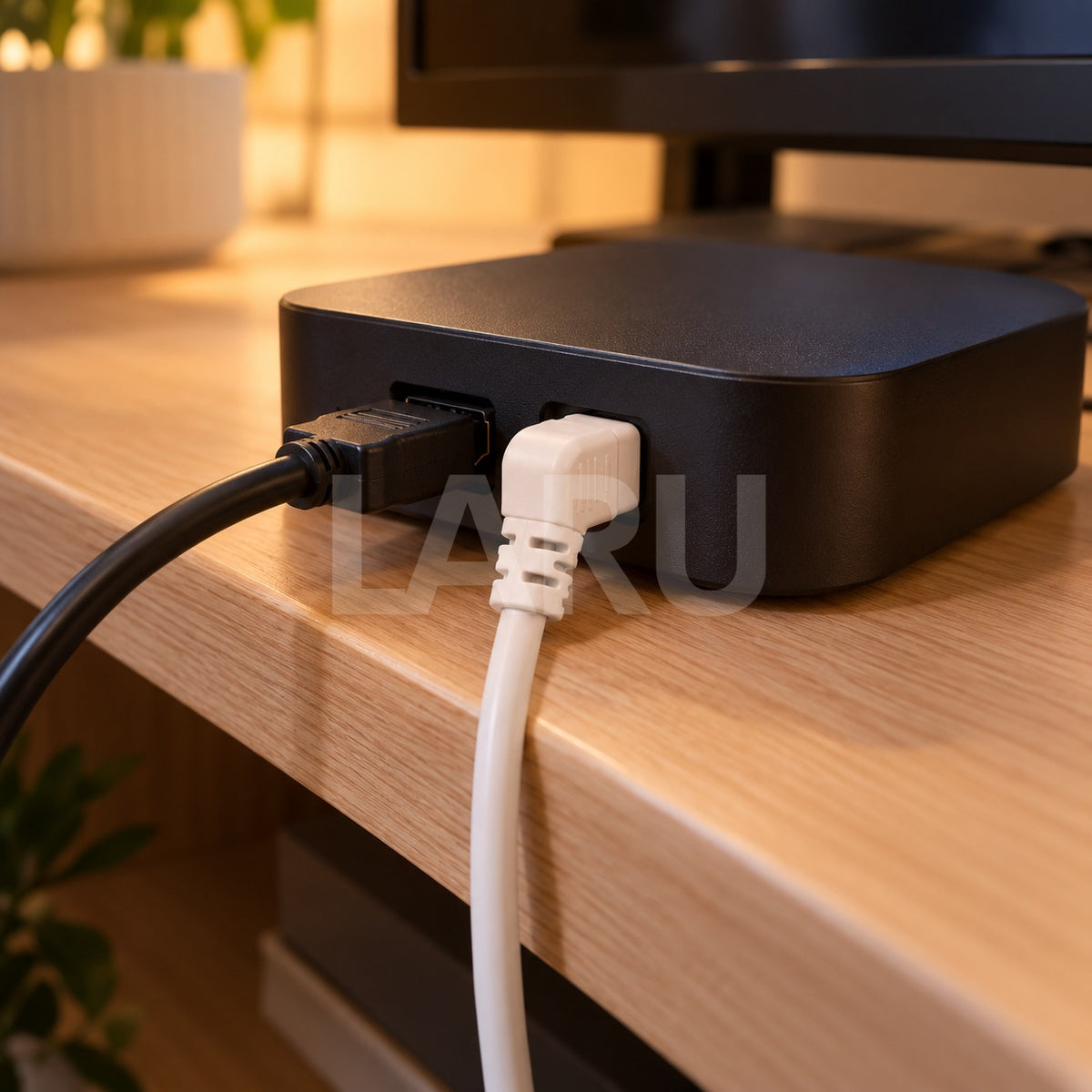 Cable de poder tipo 8 blanco enchufado atrás del equipo