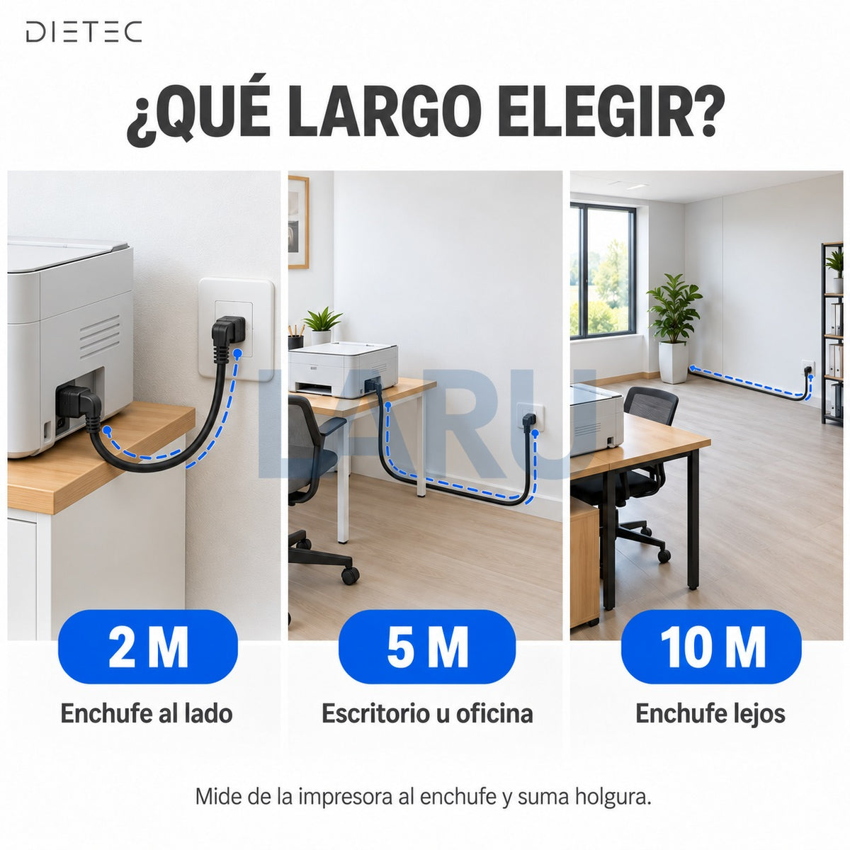 Qué largo elegir para tu impresora: 2 m enchufe al lado, 5 m escritorio, 10 m enchufe lejos