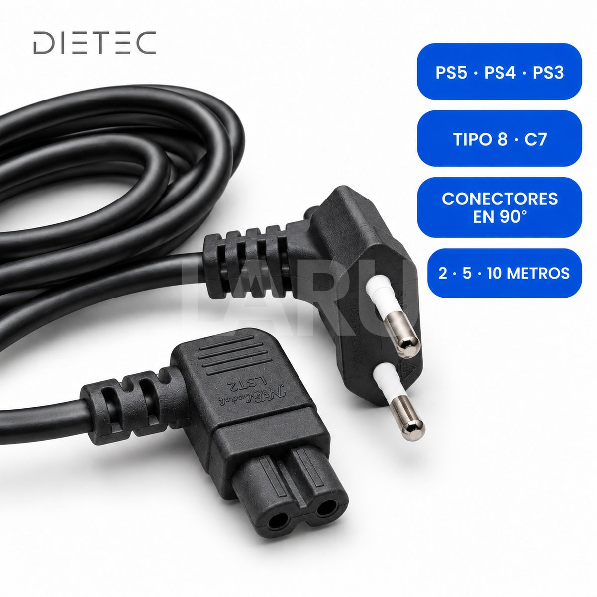 Cable de poder tipo 8 DIETEC negro para PS5, PS4 y PS3: conectores en 90°, 2, 5 y 10 metros