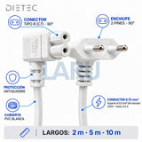 Especificaciones del cable de poder tipo 8 DIETEC blanco: conductor 0,75 mm², cubierta PVC, 220V 2,5 A