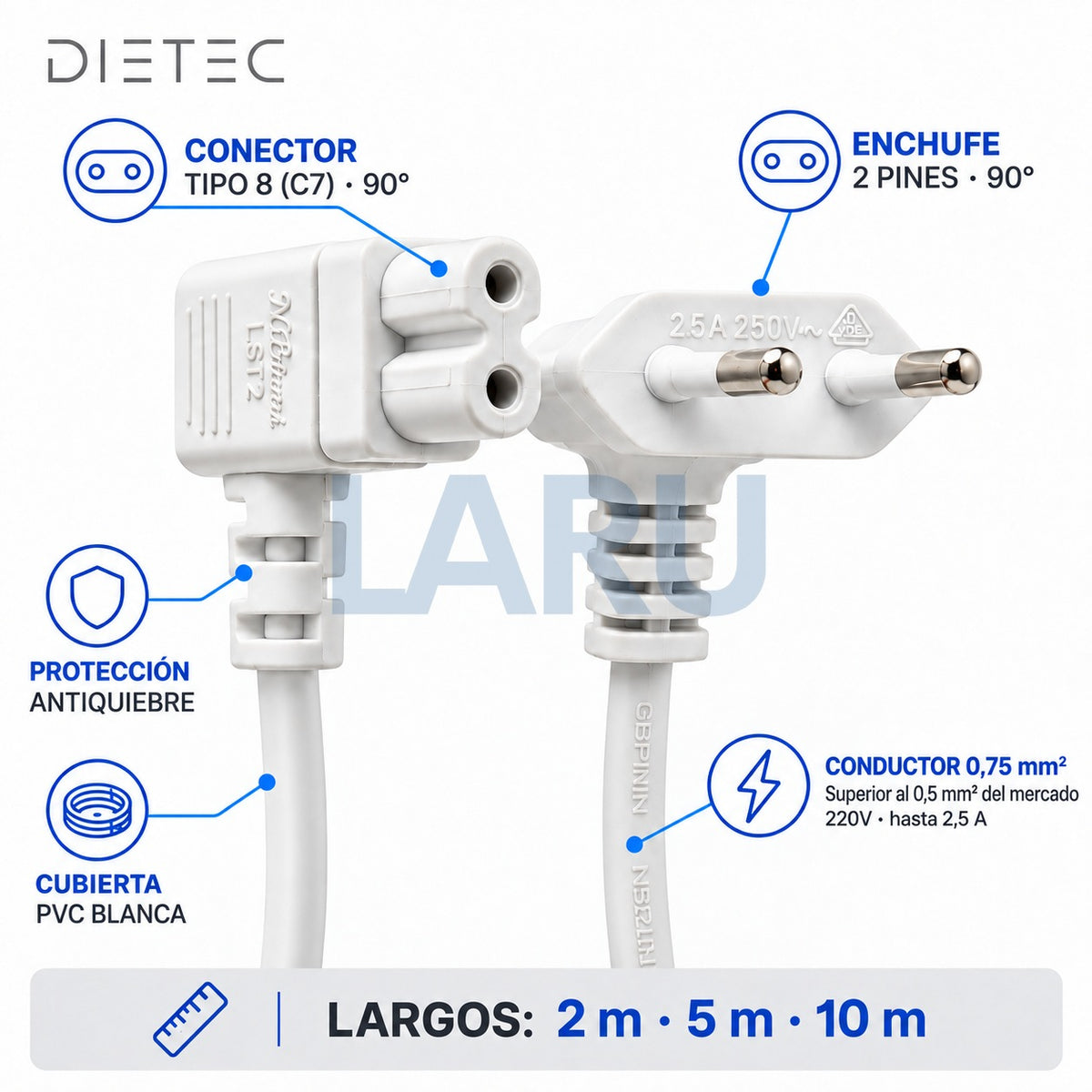 Especificaciones del cable de poder tipo 8 DIETEC blanco: conductor 0,75 mm², cubierta PVC, 220V 2,5 A