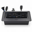 Caja de conexión empotrable DIETEC negra abierta con enchufes, HDMI, VGA, USB 3.0, audio y RJ45