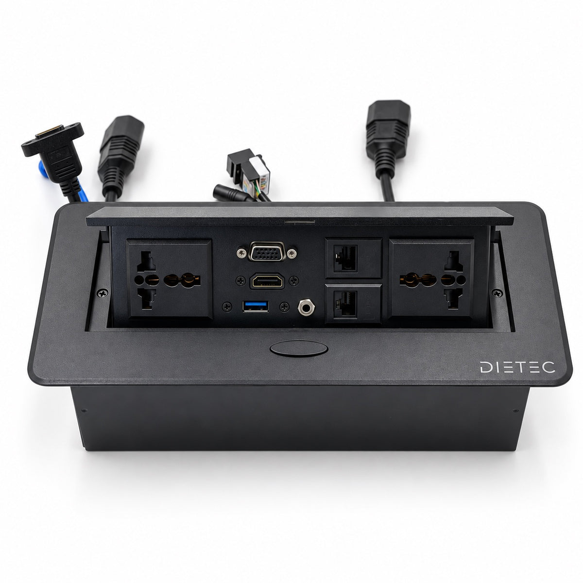 Caja de conexión empotrable DIETEC negra abierta con enchufes, HDMI, VGA, USB 3.0, audio y RJ45
