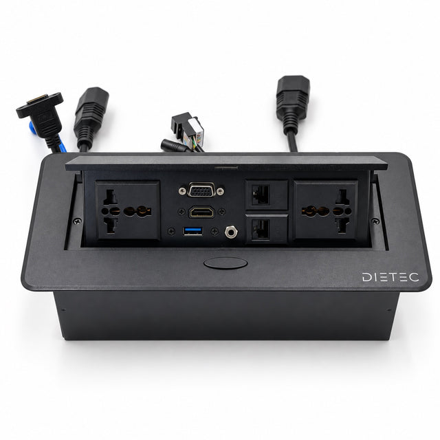 Caja de conexión empotrable DIETEC negra abierta con enchufes, HDMI, VGA, USB 3.0, audio y RJ45