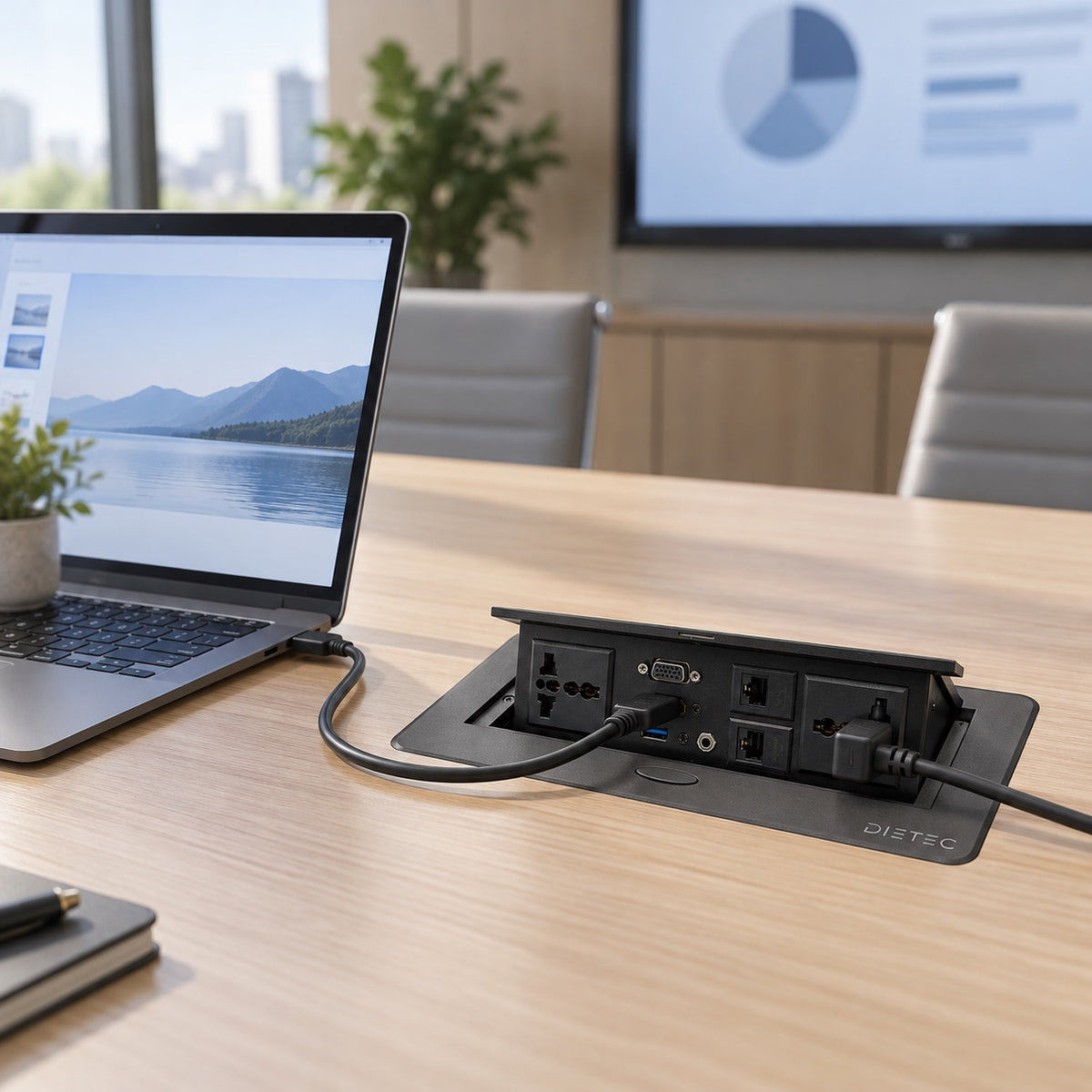 Caja de conexión DIETEC empotrada en mesa de reuniones con notebook conectado por HDMI
