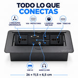 Especificaciones caja de conexión DIETEC: 2 enchufes, HDMI, VGA, USB 3.0, audio 3,5 mm, 2 RJ45, 26 x 11,5 x 6,5 cm