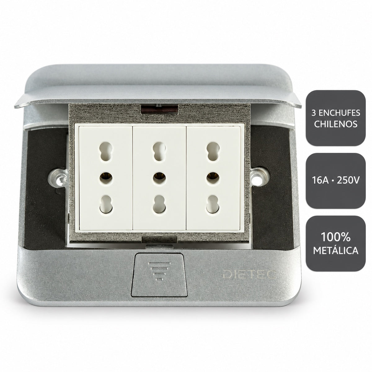 Caja pop up DIETEC: 3 enchufes chilenos, 16A 250V, 100% metálica