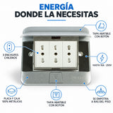 Especificaciones caja pop up DIETEC: 3 enchufes chilenos, hasta 16A 250V, placa y caja metálicas, tapa con botón