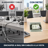 Mesa con alargadores y cables vs mesa ordenada con caja pop up DIETEC empotrada
