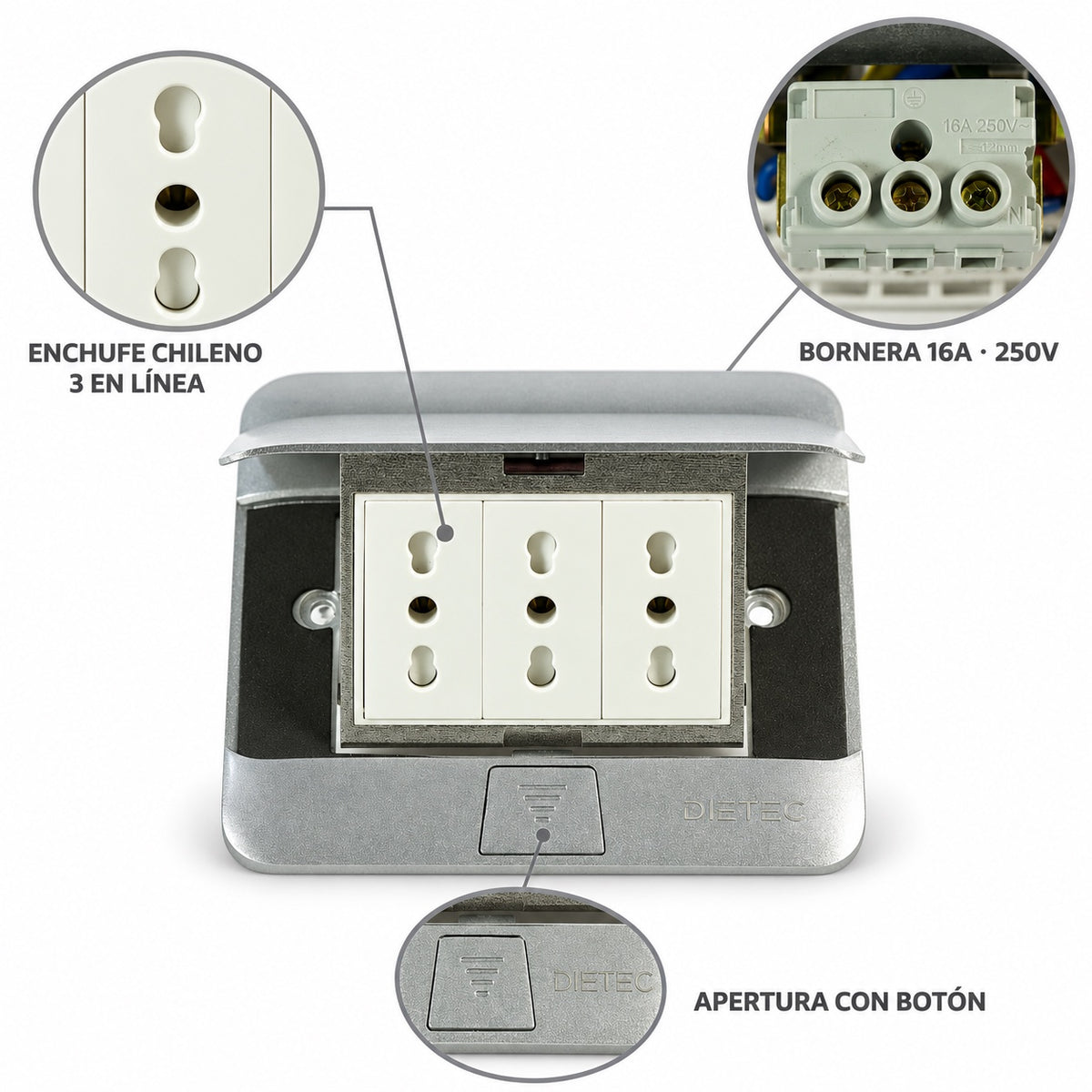 Detalle enchufe chileno, bornera 16A 250V y botón de apertura de la caja DIETEC