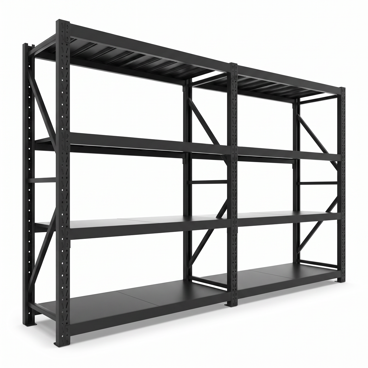 Estante Metálico Laru Racks 400x60x200cm 2400kg Heavy Duty Darlington - vista frontal, 2 módulos, 4 niveles, negro