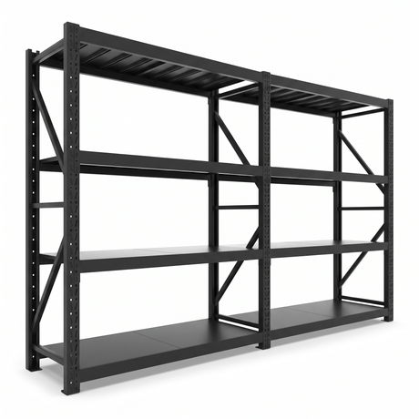 Estante Metálico Laru Racks 400x60x200cm 2400kg Heavy Duty Darlington - vista frontal, 2 módulos, 4 niveles, negro