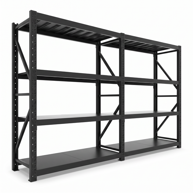 Estante Metálico Laru Racks 400x60x200cm 2400kg Heavy Duty Darlington - vista frontal, 2 módulos, 4 niveles, negro