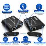 Especificaciones extensor HDMI 60 m: 1080p 60 Hz, botón EDID, alimentación micro USB 5V