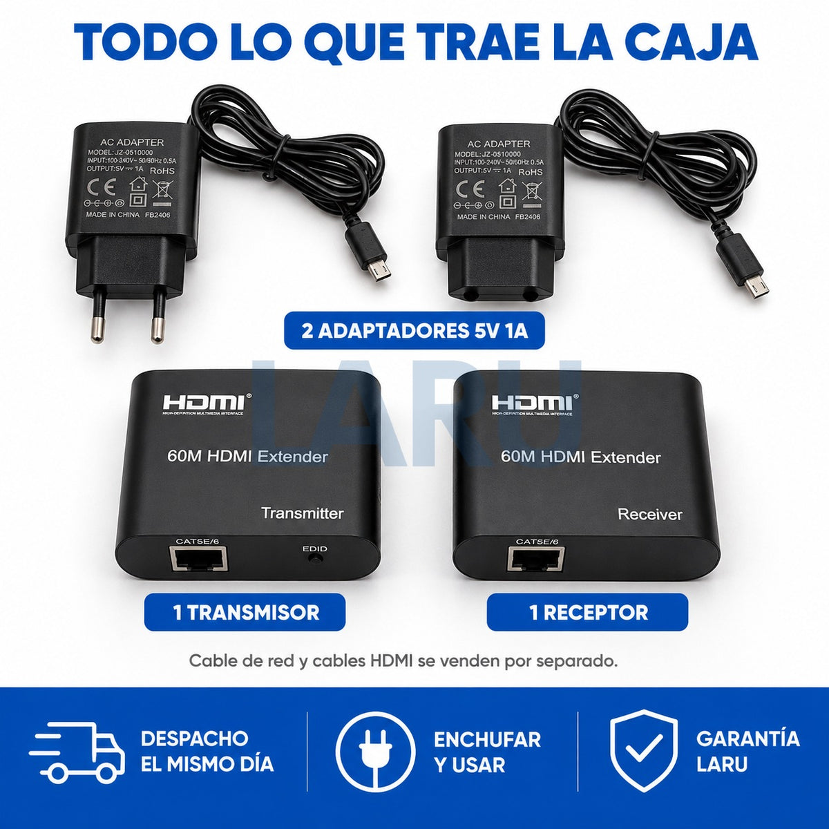 Qué incluye: transmisor, receptor y 2 adaptadores 5V 1A