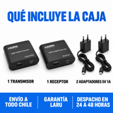 Qué incluye la caja: transmisor, receptor y dos adaptadores 5V 1A