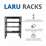 Ficha técnica del estante Laru Racks Berlin: 4 niveles ajustables cada 5 cm, acero reforzado anticorrosivo, carga heavy duty 1600 kg y 400 kg por repisa