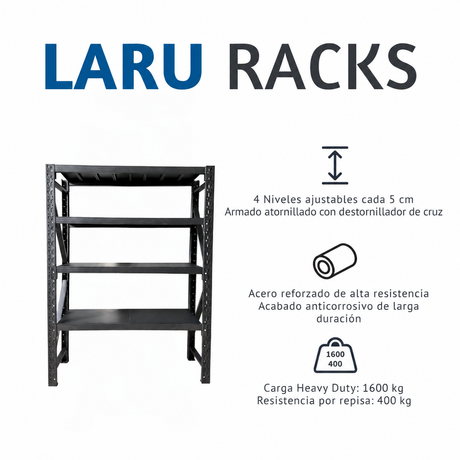 Ficha técnica del estante Laru Racks Berlin: 4 niveles ajustables cada 5 cm, acero reforzado anticorrosivo, carga heavy duty 1600 kg y 400 kg por repisa