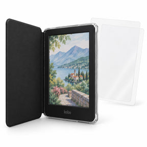 Funda DIETEC negro para Kobo Clara Colour y Clara BW con tapa abierta y 2 micas mate