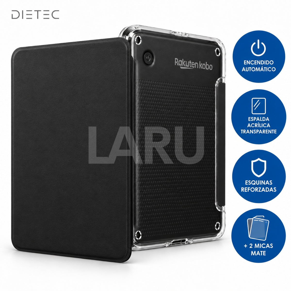Funda DIETEC negro Kobo Clara: encendido automático, espalda acrílica transparente, esquinas reforzadas y 2 micas