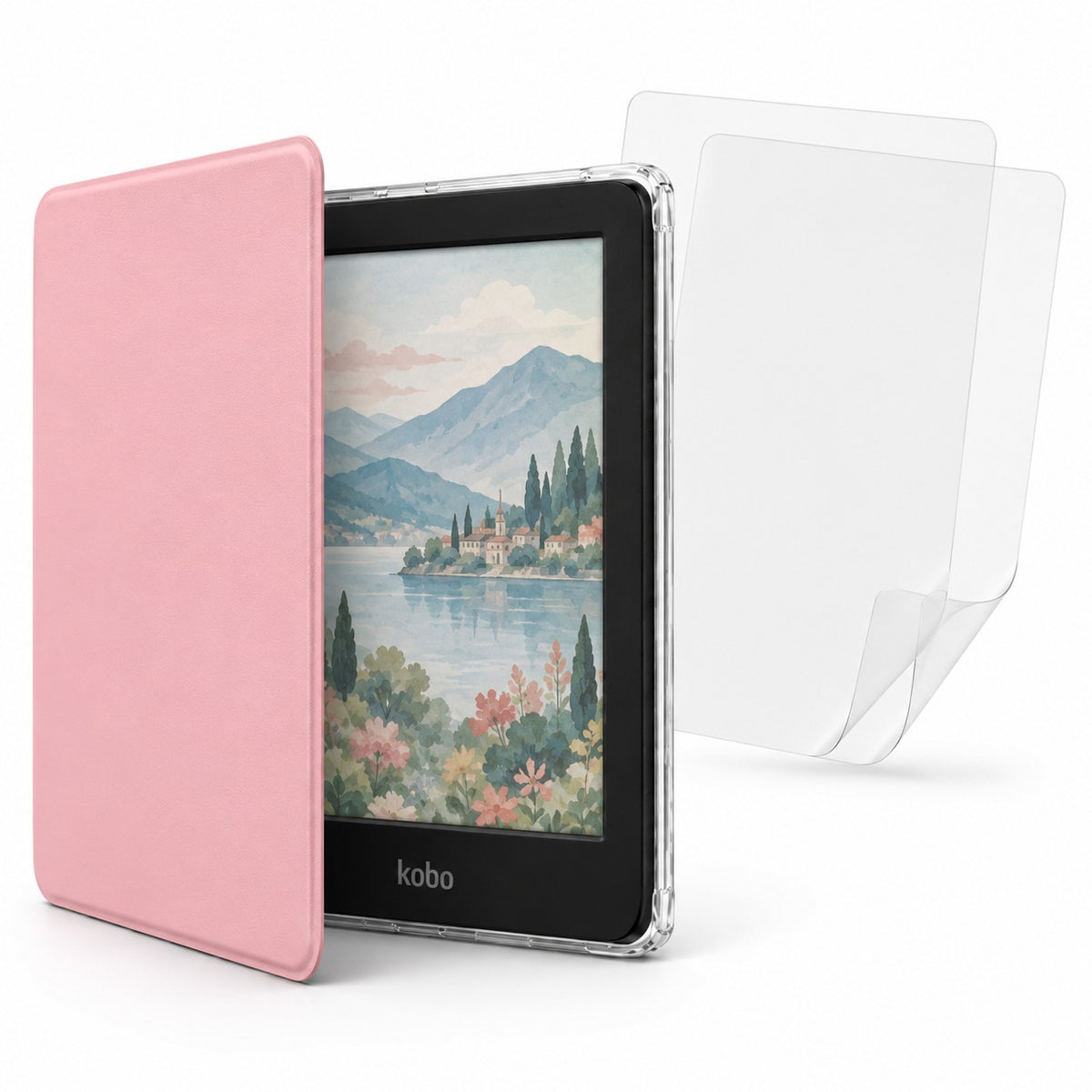 Funda DIETEC rosa para Kobo Clara Colour y Clara BW con tapa abierta y 2 micas mate