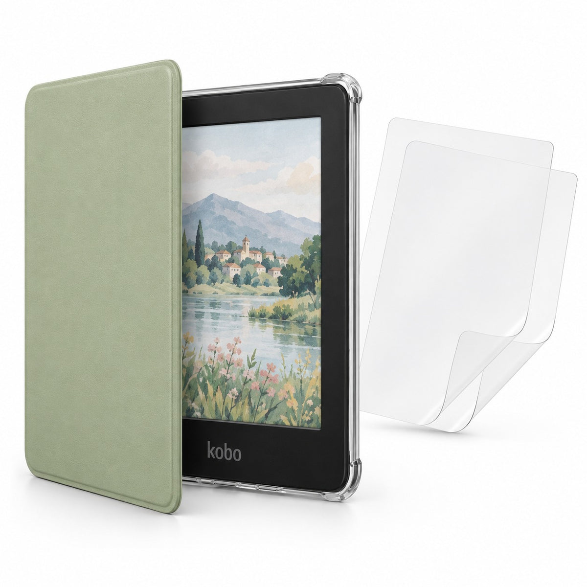Funda DIETEC verde matcha para Kobo Clara Colour y Clara BW con tapa abierta y 2 micas mate