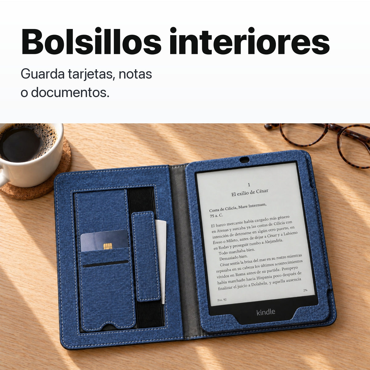 Bolsillos interiores de la funda libro azul para Kindle