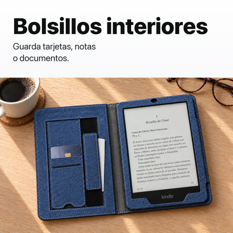 Bolsillos interiores de la funda libro azul para Kindle