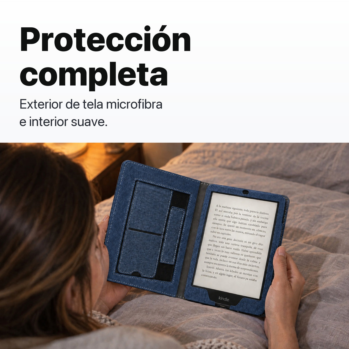 Funda libro azul de tela microfibra para Kindle Paperwhite