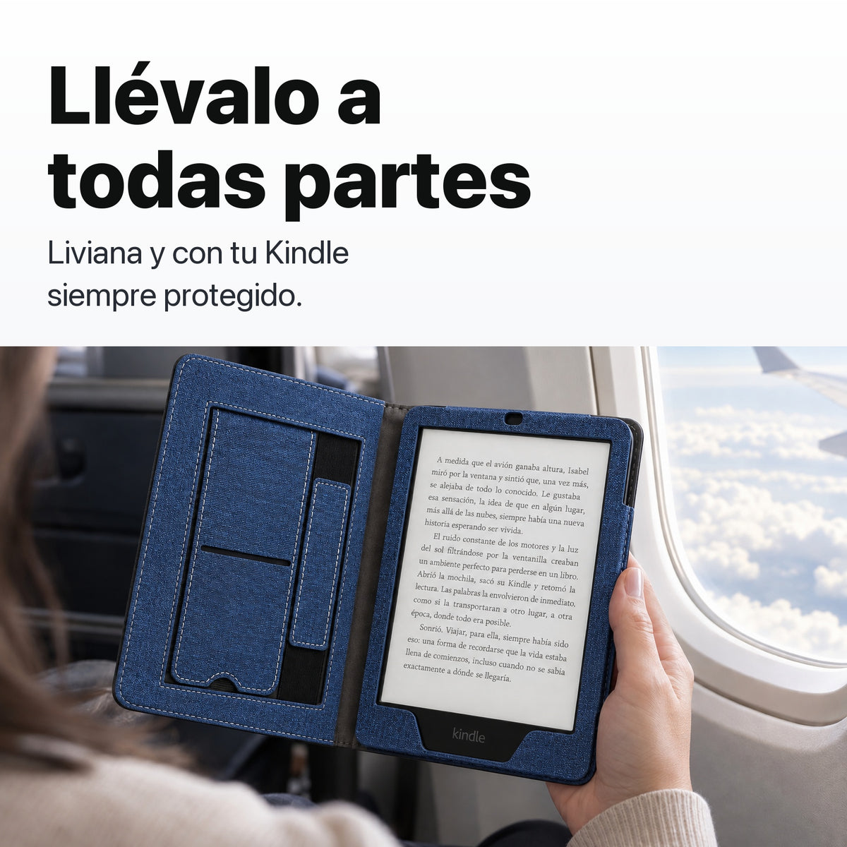 Kindle Paperwhite en funda libro azul en un viaje