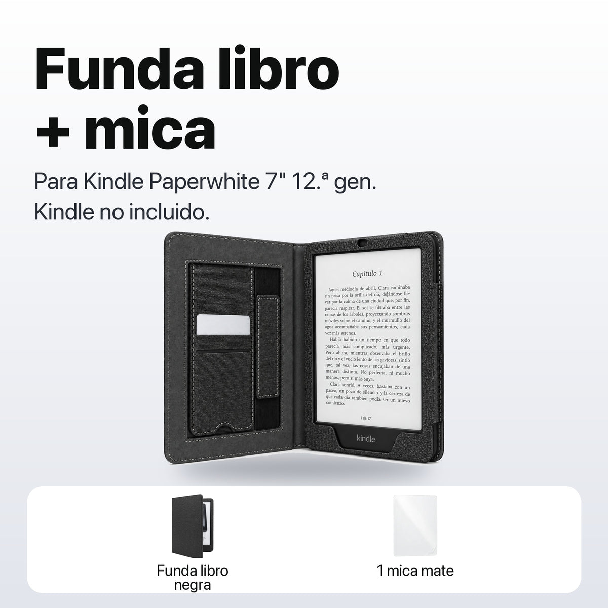 Qué incluye: funda libro negra y 1 mica mate, Kindle no incluido