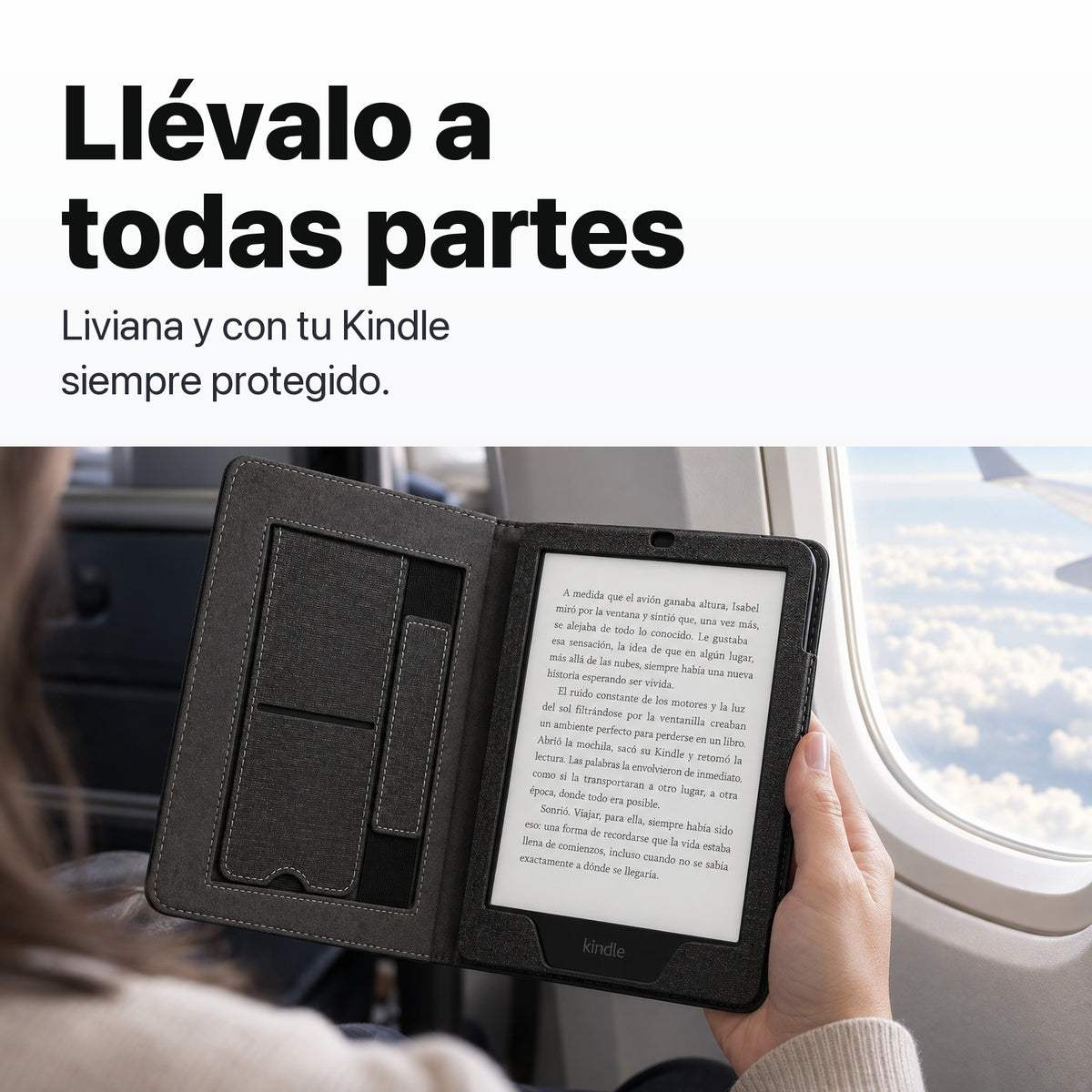 Kindle Paperwhite en funda libro negra en un viaje