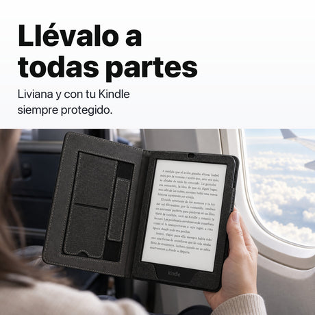 Kindle Paperwhite en funda libro negra en un viaje