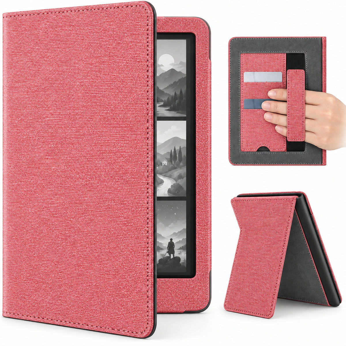 Funda libro rosa para Kindle Paperwhite 12 gen 7 pulgadas con correa de mano