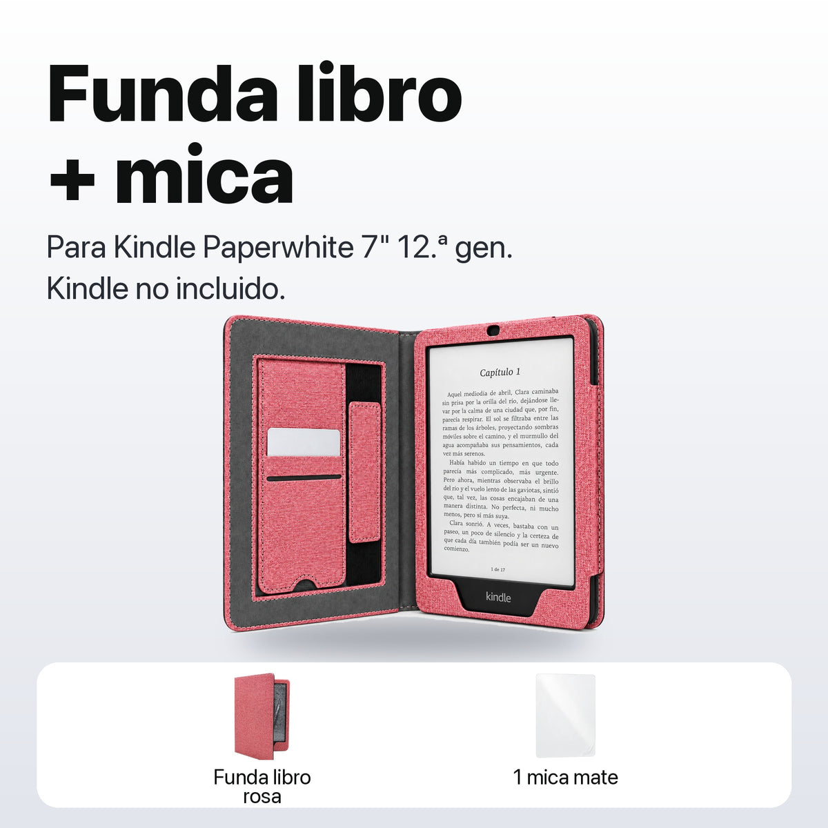 Qué incluye: funda libro rosa y 1 mica mate, Kindle no incluido