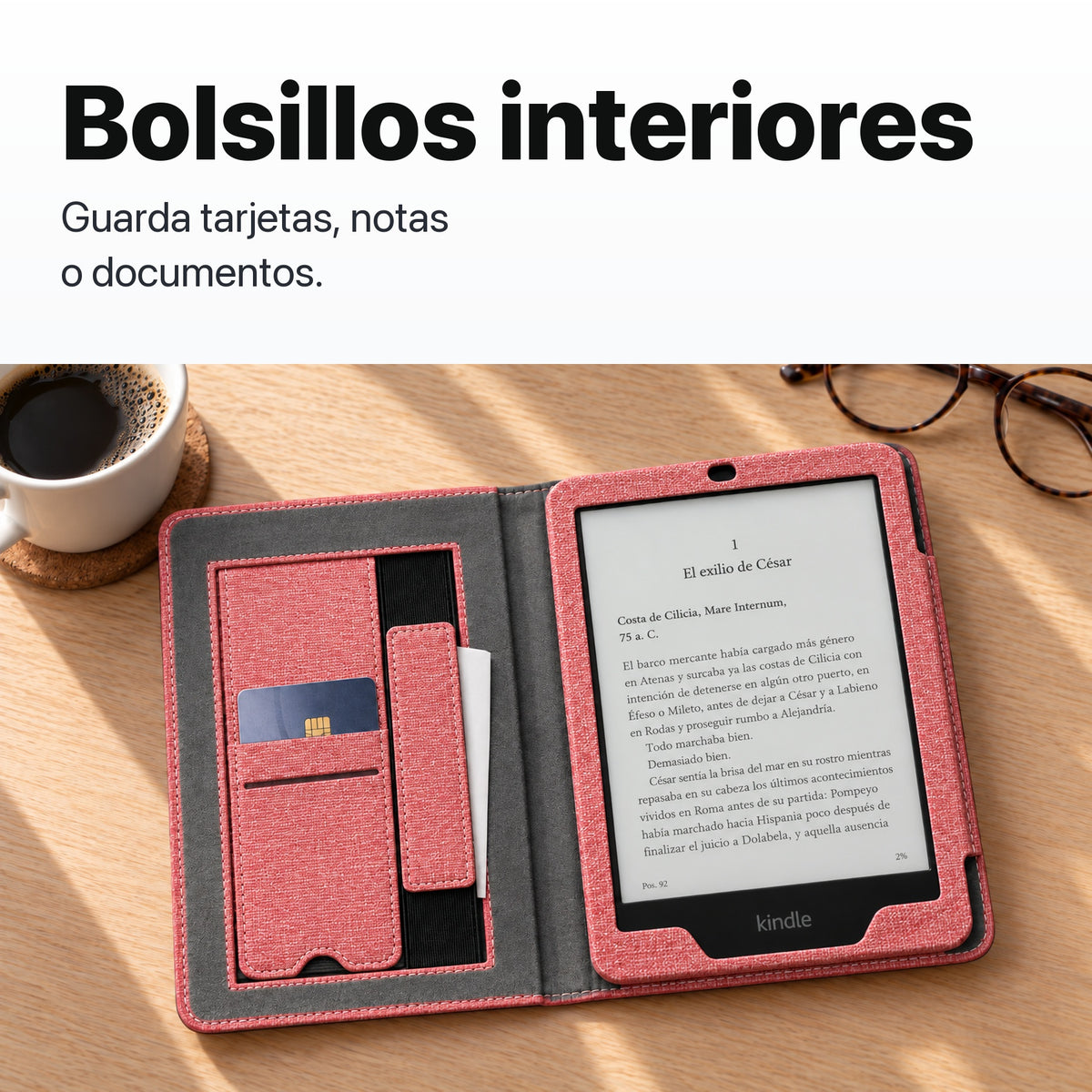 Bolsillos interiores de la funda libro rosa para Kindle