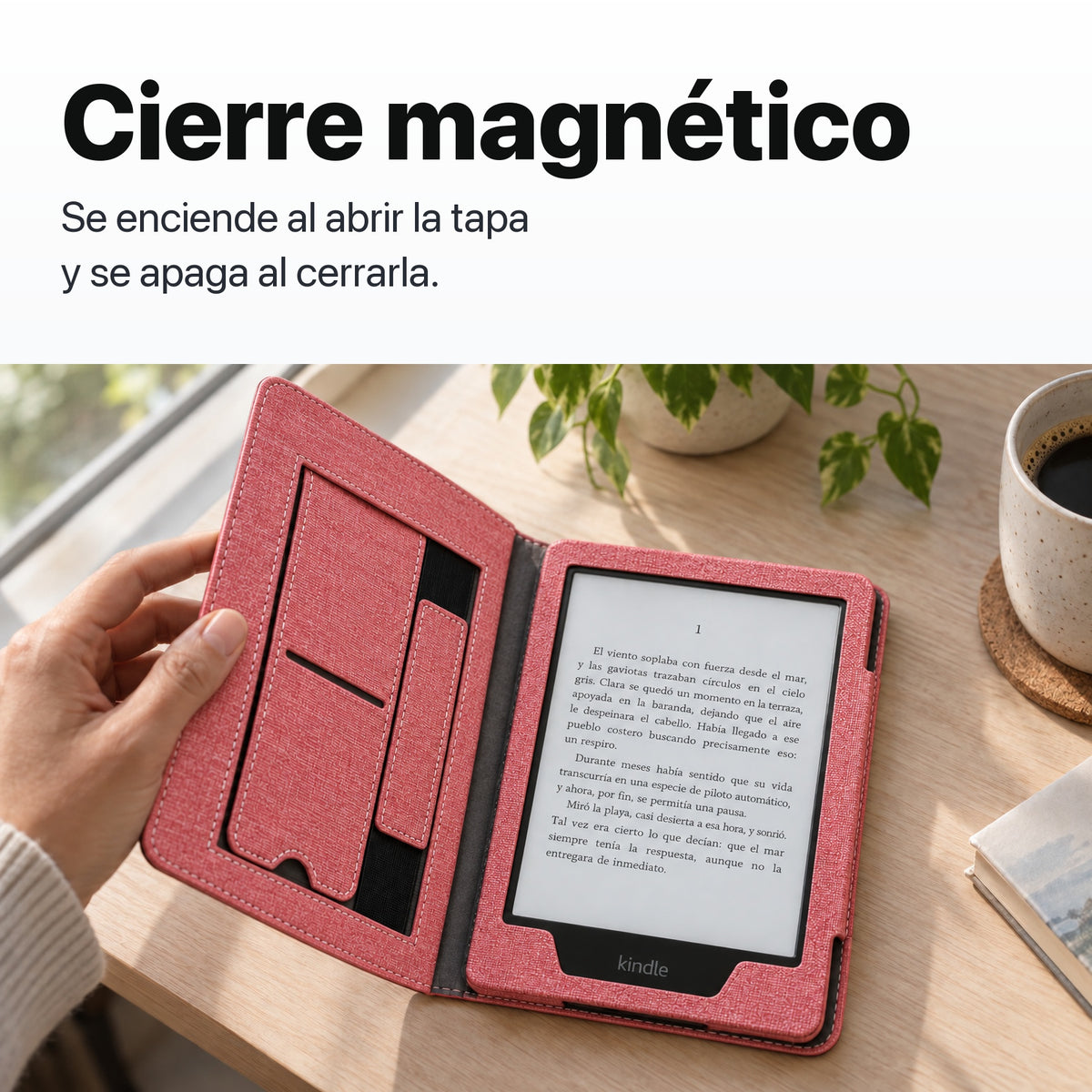 Funda libro rosa con cierre magnético para Kindle Paperwhite