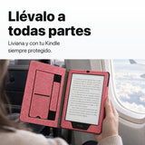 Kindle Paperwhite en funda libro rosa en un viaje
