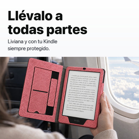 Kindle Paperwhite en funda libro rosa en un viaje
