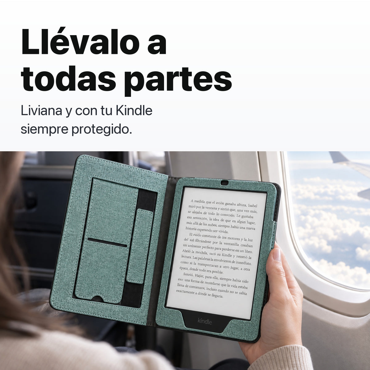 Kindle Paperwhite en funda libro verde agua en un viaje