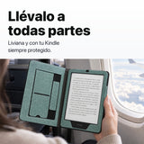 Kindle Paperwhite en funda libro verde agua en un viaje