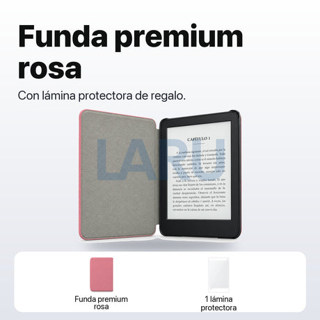 Funda premium microfibra rosa para Kindle 2022/2024 de 6 pulgadas con lámina