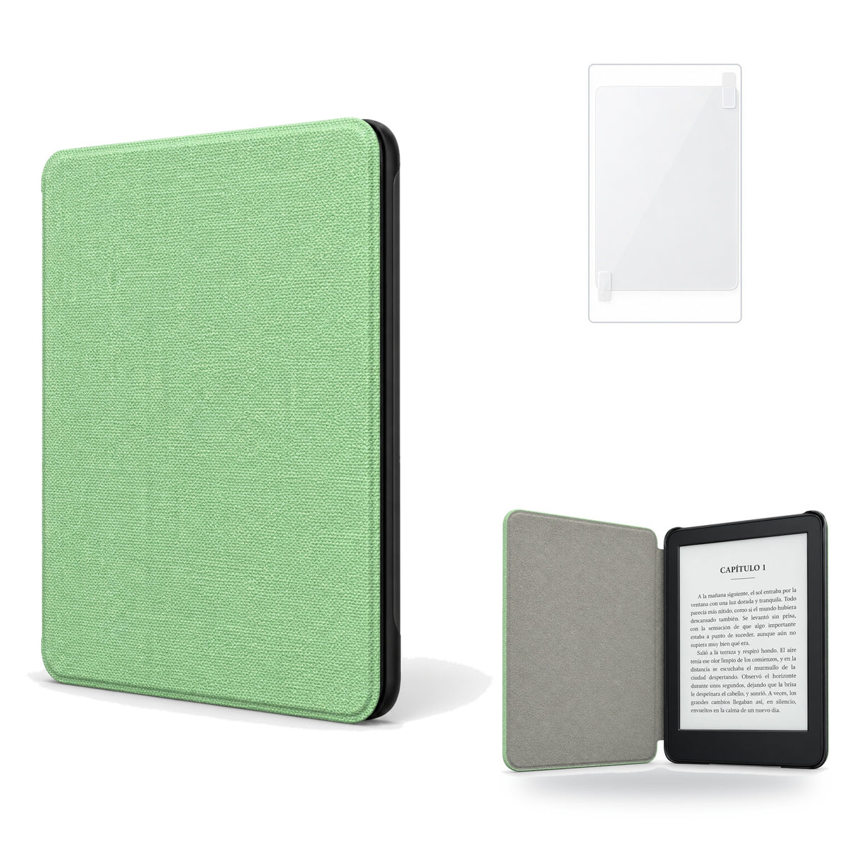 Funda premium microfibra verde menta para Kindle 2022/2024 de 6 pulgadas con lámina